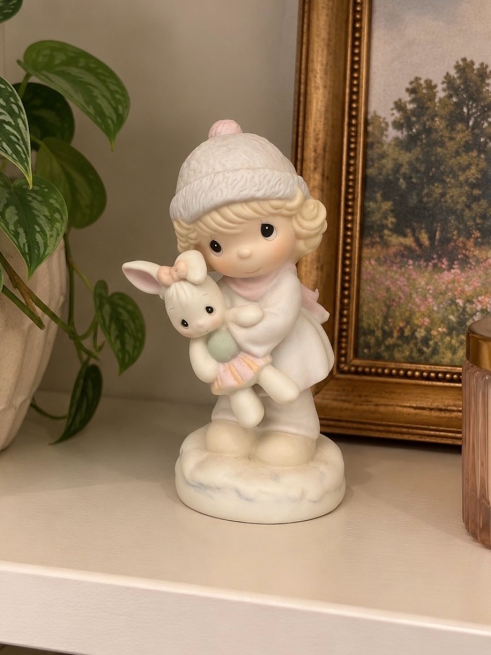 Precious Moments White and Pale Pink Girl Figurine Holding Bunny